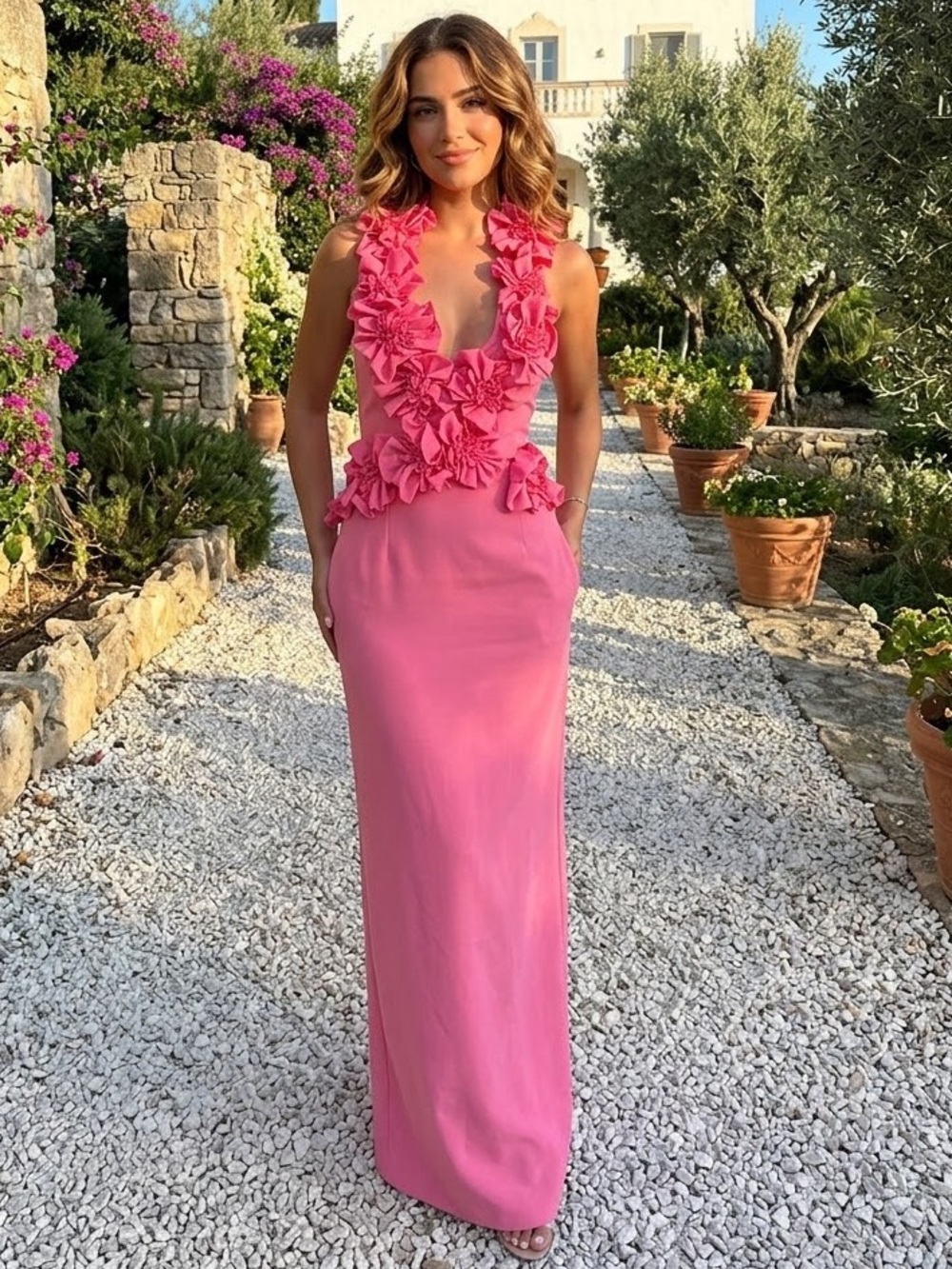 ANTONIO MELANI Pink Ruffle-Trim Sleeveless Maxi Dress size 4  NWT